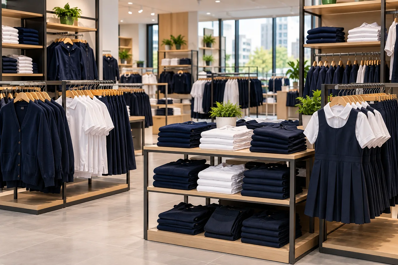 Exhibición de uniformes escolares en una tienda